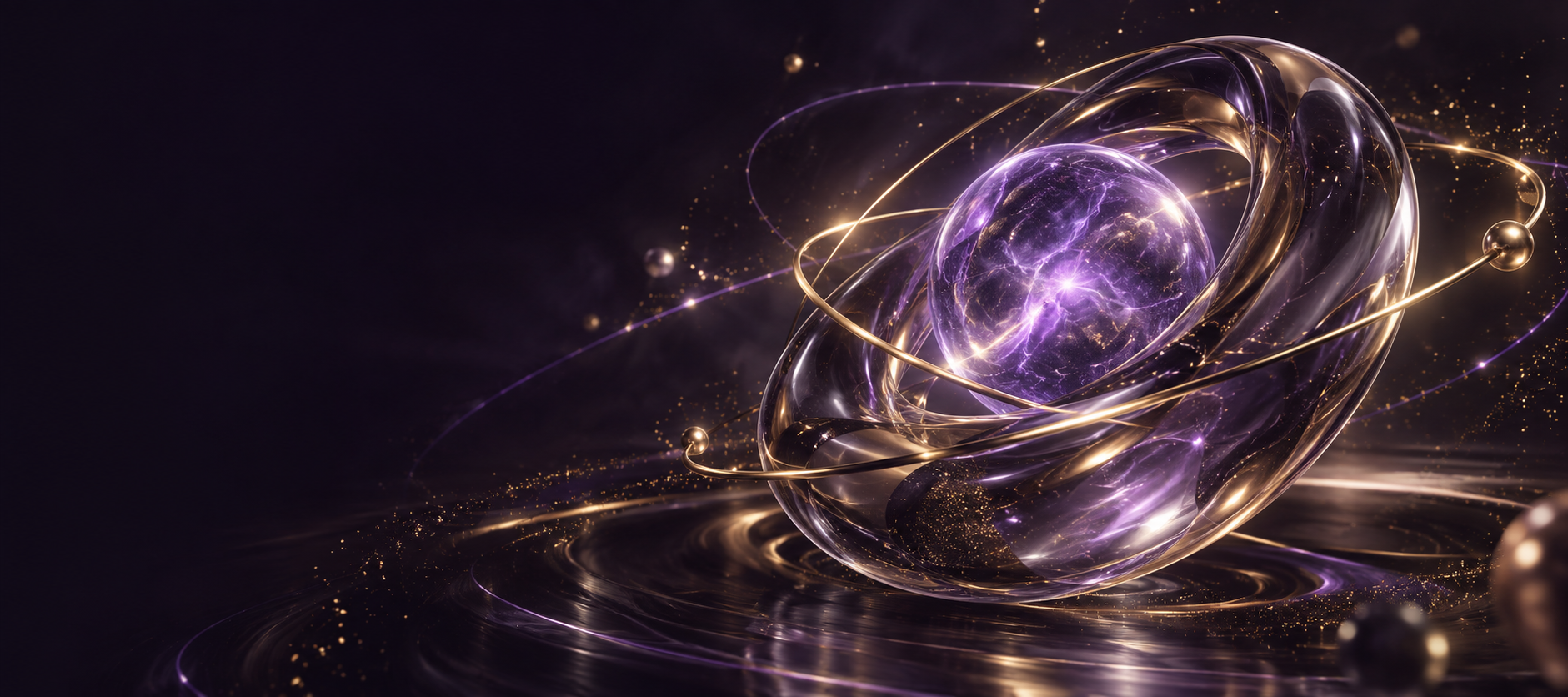 A luminous violet neural core surrounded by glass and gold orbits