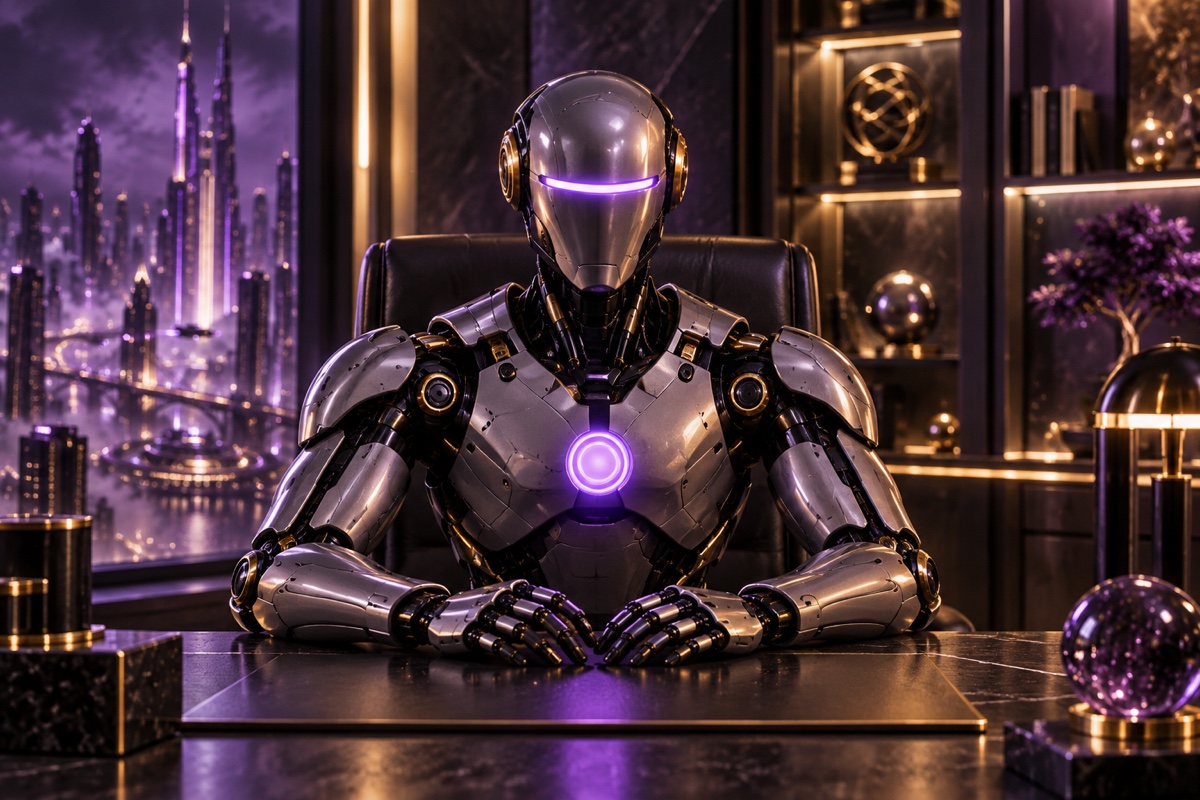 Guru, a graphite robot with violet light and gold details